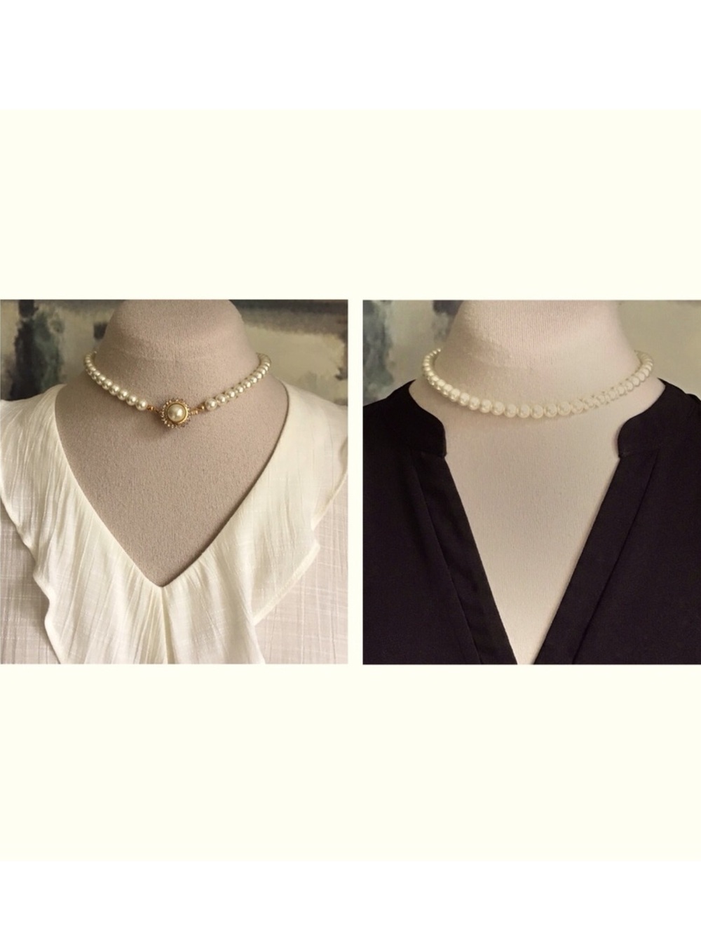 Vintage Ivory Faux Pearls With Pearl Cabochon & Rhinestones Slide In Clasp